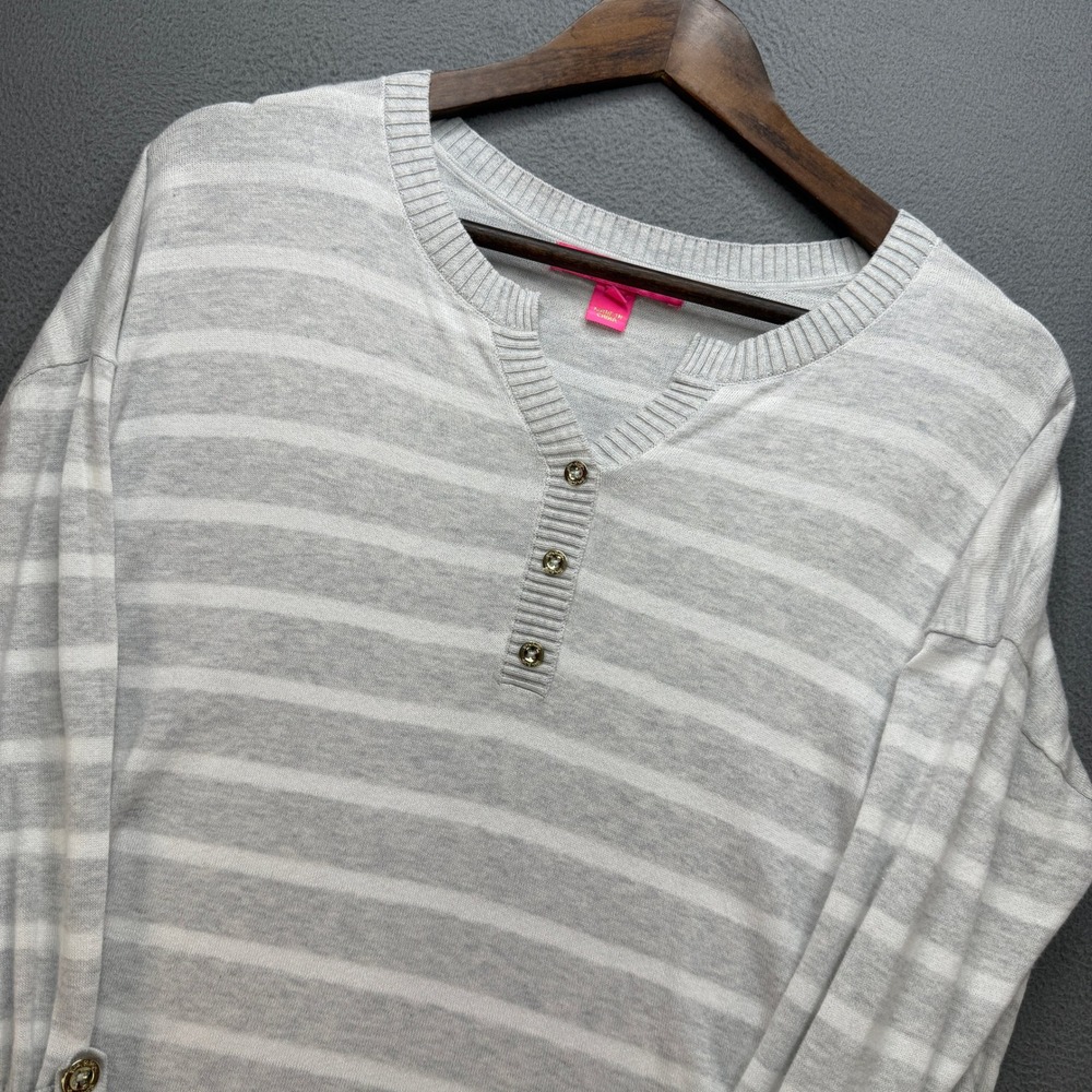 Lilly Pulitzer Henley Sweater Womens Small Gray/White Cotton Blend Striped Knit